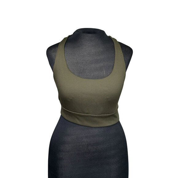 Olive Green Ribbed Racerback Crop Top By Forever 21 - Medium Size - Picture 1 of 5
